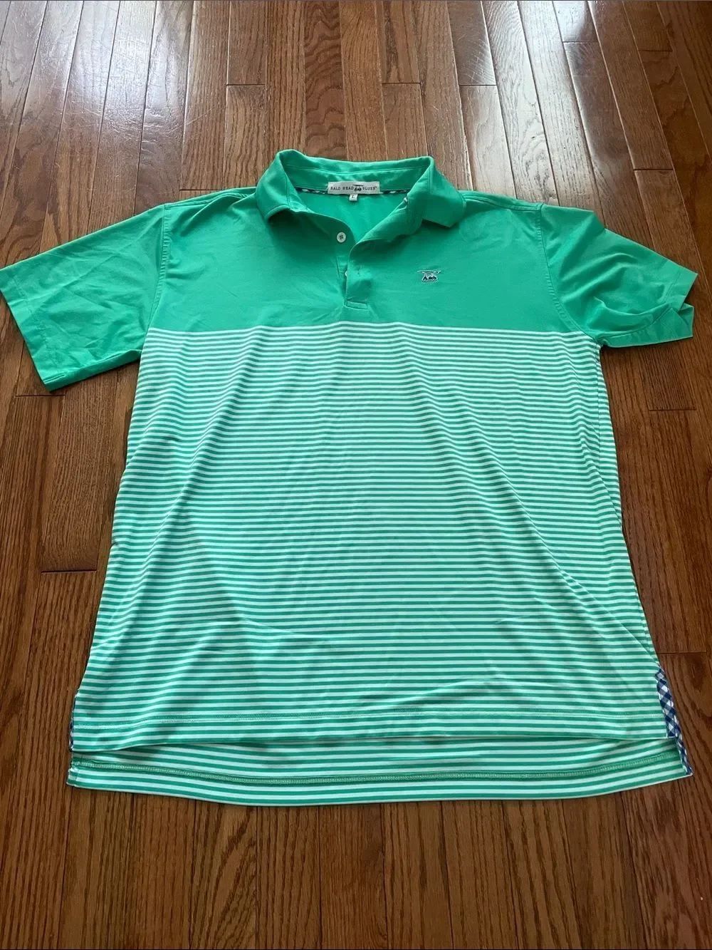 Bald Head Blues Green White Striped Polo Men’s Sz Large